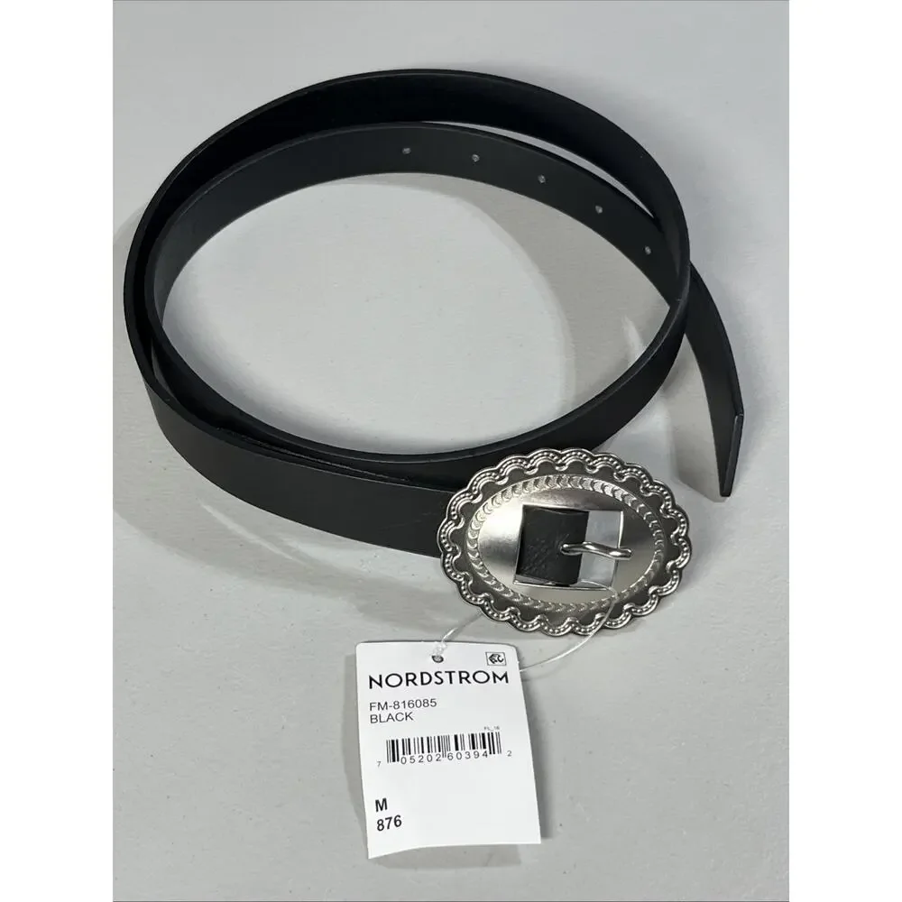 Linea Pelle Concho Buckle Belt Womens Medium Black Faux Leather Western Etched